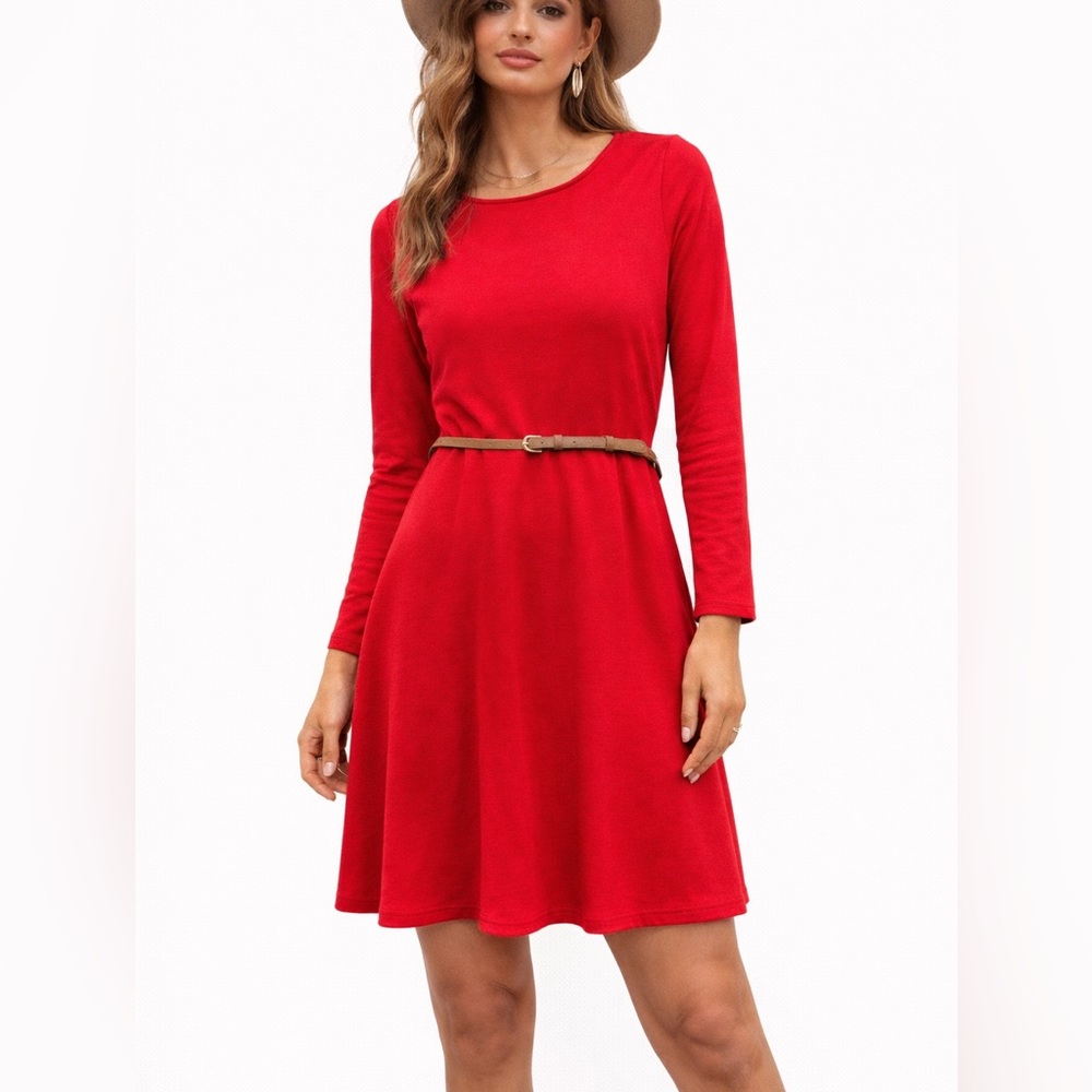 EUC‎ The Limited Red Long Sleeve Dress with Brown Belt Size Large
